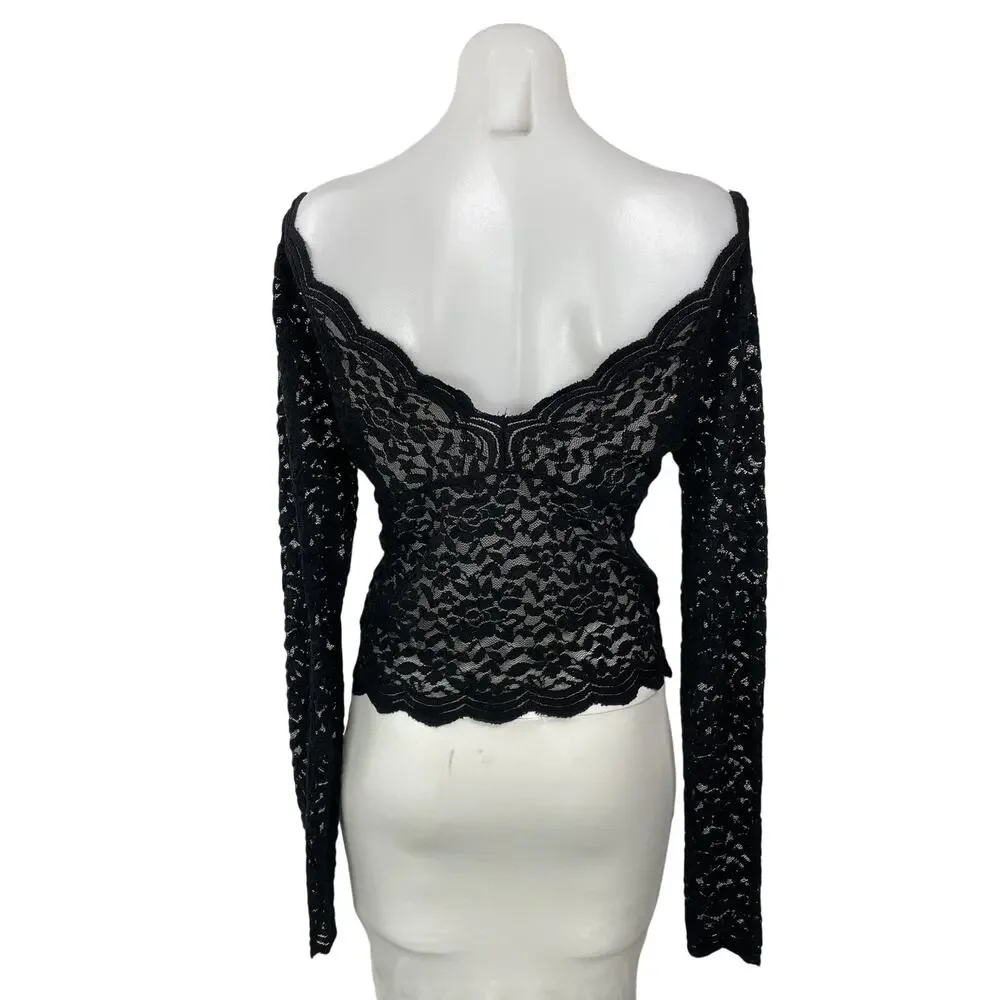 Zara Women's Black Long Sleeves Floral Lace Sheer Plunging V-neck Blouse Top L